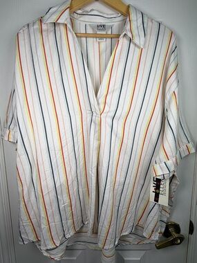Ellen Degeneres LOVE Striped Button-Down Shirt 2X White Multicolor Linen Blend